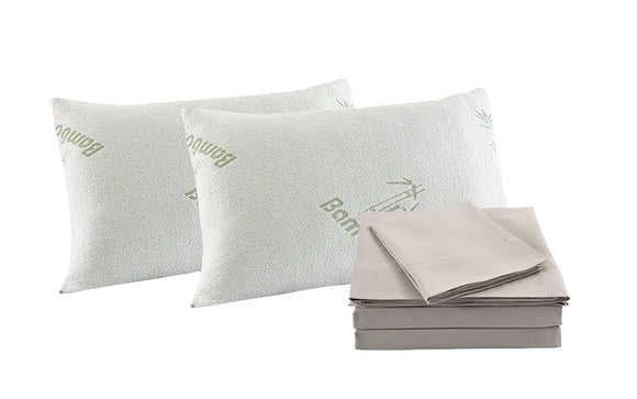 NNEDSZ Comfort Bamboo Blend Sheet Set 1000TC and Bamboo Pillows 2 Pack Ultra Soft Queen Warm Grey