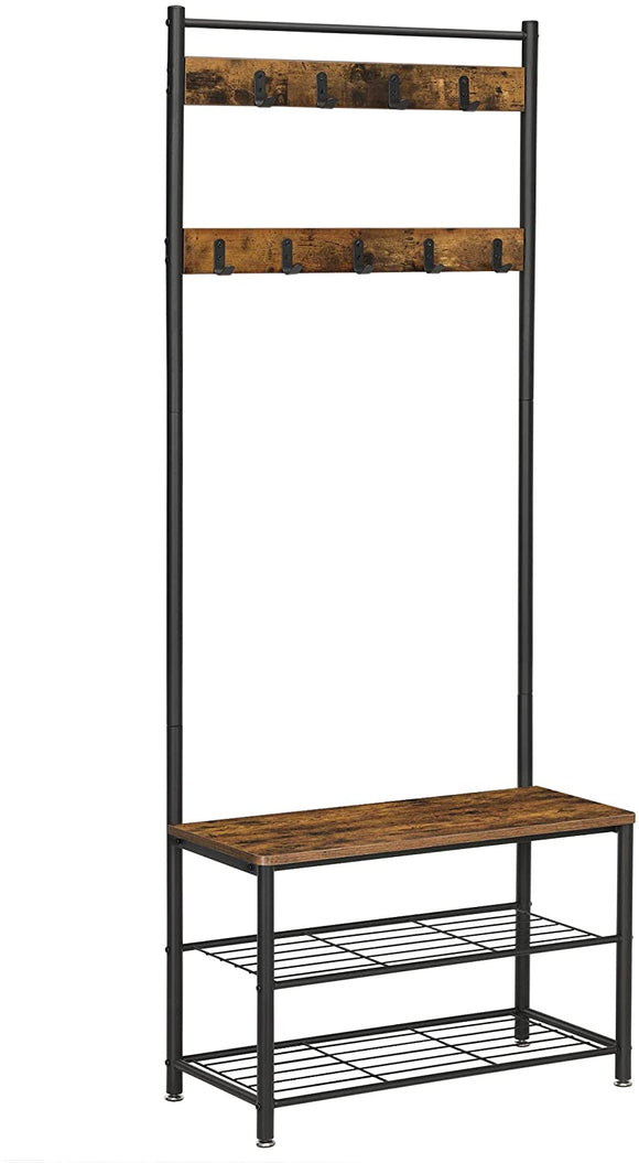 NNEDSZ Rustic Brown Coat Rack Stand with Hallway Shoe Rack and Bench with Shelves Matte Metal Frame Height 175 cm