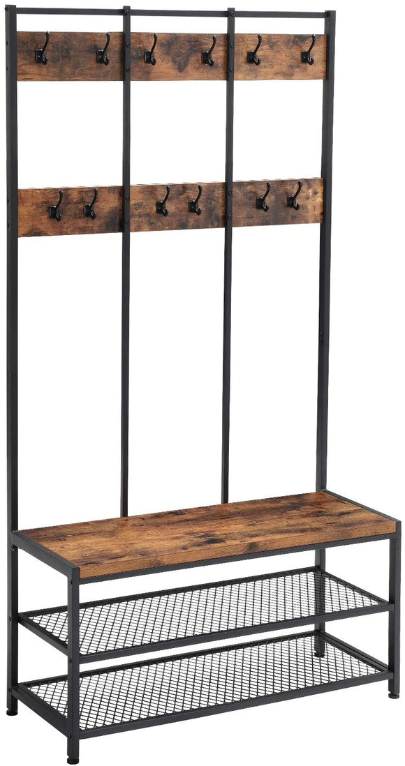 NNEDSZ Large Coat Rack Stand with 12 Hooks and Shoe Bench Rustic Brown and Black