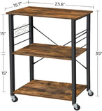NNEDSZ Kitchen Baker's Rack,  3-Tier Serving Cart with Metal Frame and 6 Hooks, Rustic Brown