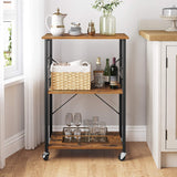 NNEDSZ Kitchen Baker's Rack,  3-Tier Serving Cart with Metal Frame and 6 Hooks, Rustic Brown