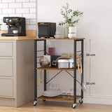 NNEDSZ Kitchen Baker's Rack,  3-Tier Serving Cart with Metal Frame and 6 Hooks, Rustic Brown