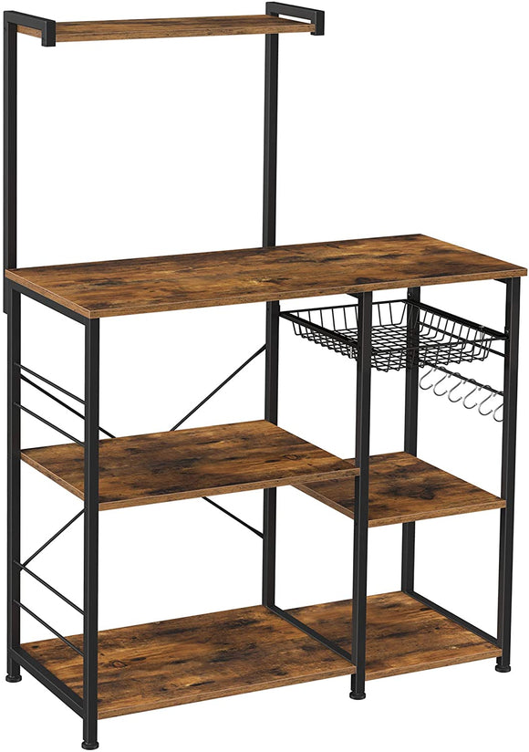 NNEDSZ Kithcen Baker's Rack with Shelves Microwave Stand with Wire Basket and 6 S-Hooks Rustic Brown