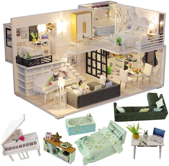 NNEDSZ Dollhouse Miniature with Furniture Kit Plus Dust Proof and Music Movement - Happy time (1:24 Scale Creative Room Idea)