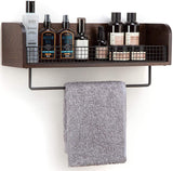 NNEDSZ Wall Mount Rustic Wood & Black Metal Bathroom Shelf with Towel Bar