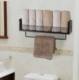 NNEDSZ Wall Mount Rustic Wood & Black Metal Bathroom Shelf with Towel Bar