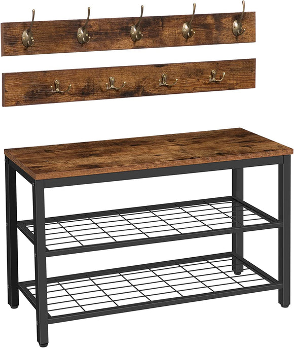 NNEDSZ Industrial Design Entryway Shoe Rack with Coat Hooks Organizer (Brown)