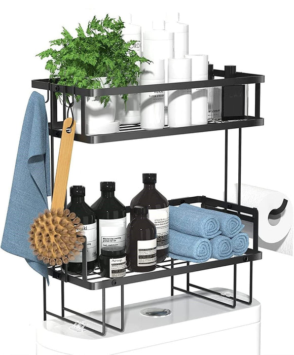 NNEDSZ 2 Tier Freestanding Bathroom Storage Organizer with Adhesive Base and Hooks for Bathroom