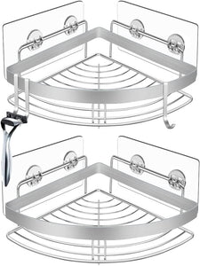 NNEDSZ 2 Pack Wall Mounted Adhesive Stainless Steel with Hooks Bathroom Shelf Storage Organizer