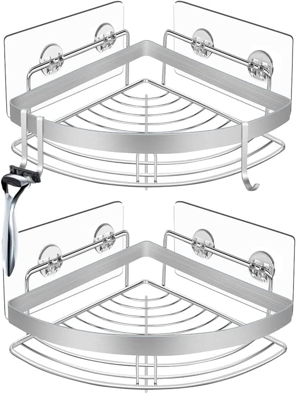 NNEDSZ 2 Pack Wall Mounted Adhesive Stainless Steel with Hooks Bathroom Shelf Storage Organizer