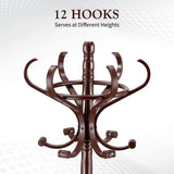 NNEDSZ Brown Coat Rack with Stand Wooden Hat and 12 Hooks Hanger Walnut tree
