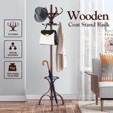 NNEDSZ Brown Coat Rack with Stand Wooden Hat and 12 Hooks Hanger Walnut tree