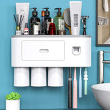 NNEDSZ Automatic Wall Mounted Toothbrush Holder with Magnetic Cups Kids & Family Set for Bathroom (White and Gray)