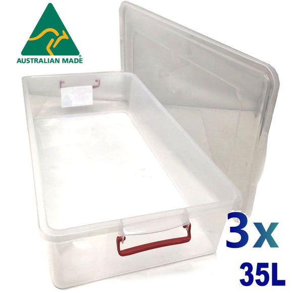 NNEDSZ 3x 35L Australian Made Premium Underbed Plastic Storage Tub Under Bed Box Large