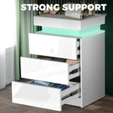 NNEDSZ LED Bedside Table High Gloss Nightstand Cabinet with 3-Drawers White