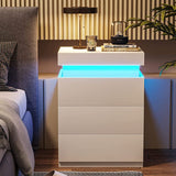 NNEDSZ LED Bedside Table High Gloss Nightstand Cabinet with 3-Drawers White