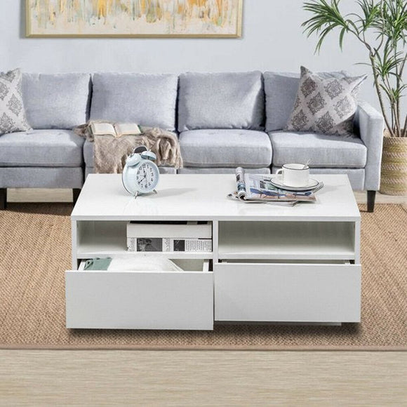 NNEDSZ High Gloss White LED Coffee Table With 4 Drawers