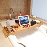 NNEDSZ Expandable Bamboo Bath Book Caddy iPhone ipad Wineglass Holder Over Bathtub Rack