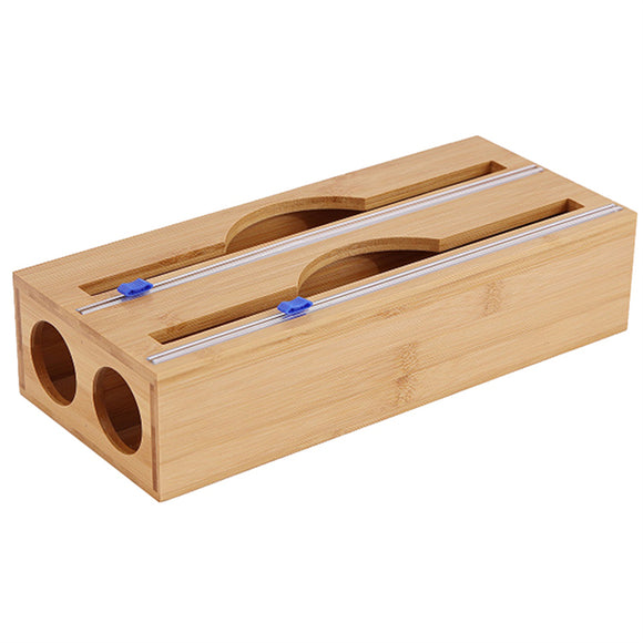 NNEDSZ 2 Grids Bamboo Food Wrap Dispenser Cutter Foil Cling Film Storage Holder Box Kitchen