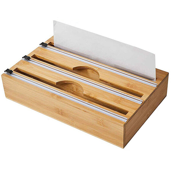 NNEDSZ 3 Grids Bamboo Food Wrap Dispenser Cutter Foil Cling Film Storage Holder Box Kitchen