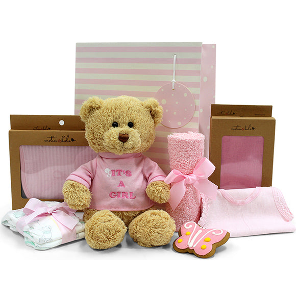 NNEDSZ Newborn Baby Girl Gift with Plush Teddy 'It's a Girl!' 28cm, 100% Cotton Muslin Wrap, Cute Handmade Pink Gingerbread Butterfly Cookie, Newborn Nappies, Cotton Baby Bib, Face Washer & Singlet