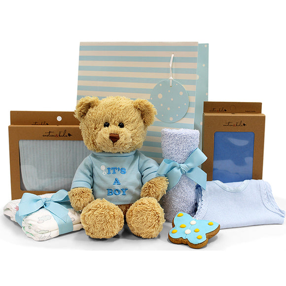 NNEDSZ Newborn Baby Boy Gift with Plush Teddy 'It's a Boy!' 28cm, 100% Cotton Muslin Wrap, Cute Handmade Blue Gingerbread Butterfly Cookie, Newborn Nappies, Cotton Baby Bib, Face Washer & Singlet