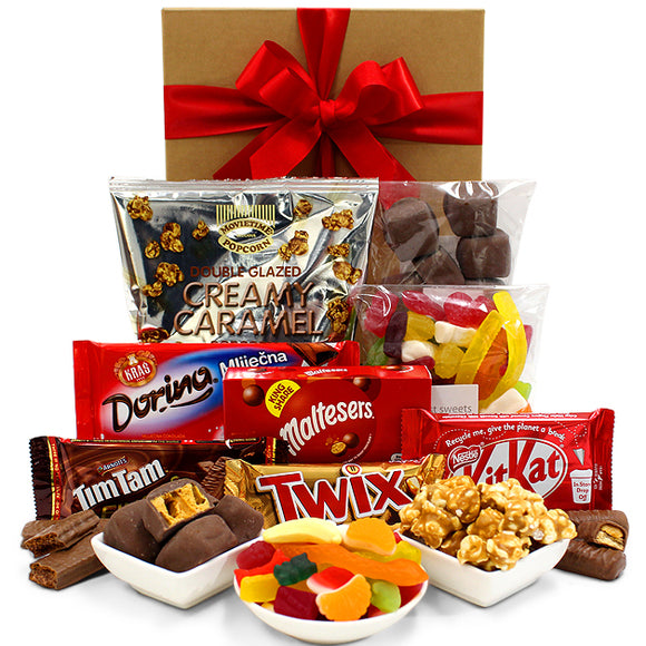 NNEDSZ Chocolate Gift Hamper with Twix, Maltesers, Kitkat, Caramel Popcorn, Chocolate Honeycomb, Tim Tams, Party Mix - Sweet & Dessert Hamper for Birthdays, Christmas, Easter, Thanksgiving, Anniversaries