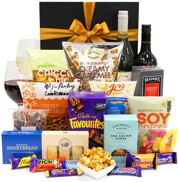 NNEDSZ Wine Party Box Gift Hamper - Golden Ranges Shiraz & Sauvignon Blanc 750ml, Nuts, Fudge & Chocolate - Gift Hamper for Birthdays, Graduations, Christmas, Easter, Holidays, Anniversaries, Weddings