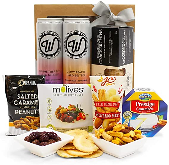 NNEDSZ Seltzer & Snacks Gift Hamper - Seltzers, Crackers, Olives, Cheese & Nuts - Sweet & Savoury Gift Hamper Box for Birthdays, Christmas, Easter, Weddings, Receptions, Anniversaries, Office & College Parties