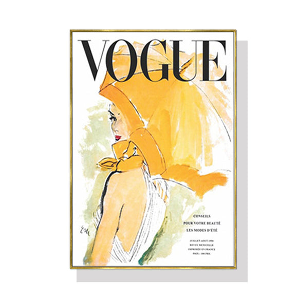 NNEDSZ 60cmx90cm Vogue Girl Gold Frame Canvas Wall Art
