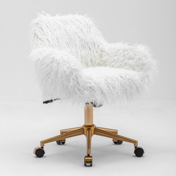 NNEDSZ Fluffy Office Chair Faux Fur Modern Swivel Desk Chair for Women And Girls-White
