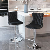 NNEDSZ 4x Height Adjustable Swivel Bar Stool Velvet Studs Barstool with Footrest and Chromed Base- Black