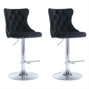 NNEDSZ 2x Height Adjustable Swivel Bar Stool Velvet Studs Barstool with Footrest and Chromed Base- Black