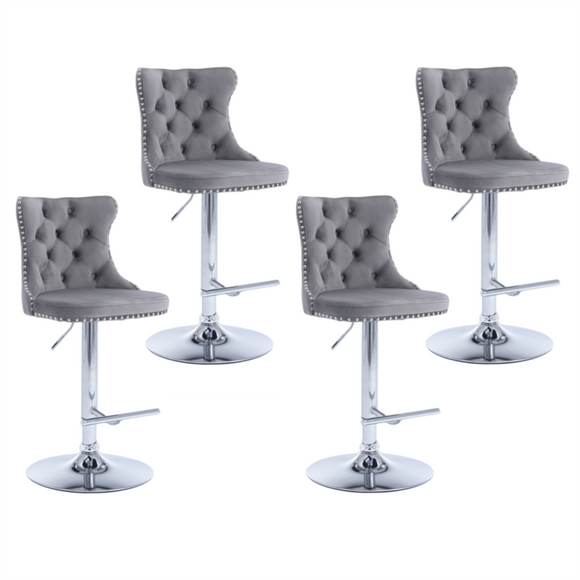 NNEDSZ 4x Height Adjustable Swivel Bar Stool Velvet Stud Barstool with Footrest and Chromed Base- Gray