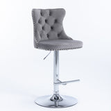 NNEDSZ 4x Height Adjustable Swivel Bar Stool Velvet Stud Barstool with Footrest and Chromed Base- Gray