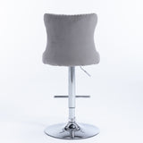 NNEDSZ 4x Height Adjustable Swivel Bar Stool Velvet Stud Barstool with Footrest and Chromed Base- Gray