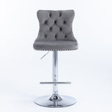 NNEDSZ 2x Height Adjustable Swivel Bar Stool Velvet Stud Barstool with Footrest and Chromed Base- Gray