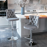 NNEDSZ 2x Height Adjustable Swivel Bar Stool Velvet Stud Barstool with Footrest and Chromed Base- Gray