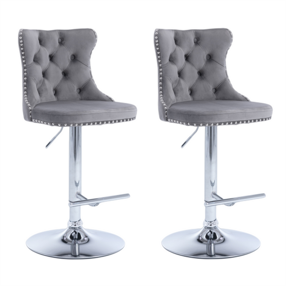 NNEDSZ 2x Height Adjustable Swivel Bar Stool Velvet Stud Barstool with Footrest and Chromed Base- Gray