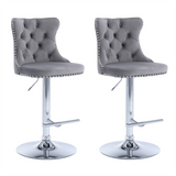NNEDSZ 2x Height Adjustable Swivel Bar Stool Velvet Stud Barstool with Footrest and Chromed Base- Gray
