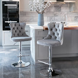 NNEDSZ 2x Height Adjustable Swivel Bar Stool Velvet Stud Barstool with Footrest and Chromed Base- Gray