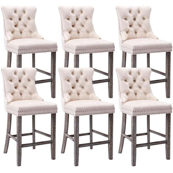 NNEDSZ 6X Velvet Bar Stools with Studs Trim Wooden Legs Tufted Dining Chairs Kitchen
