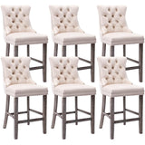 NNEDSZ 6X Velvet Bar Stools with Studs Trim Wooden Legs Tufted Dining Chairs Kitchen