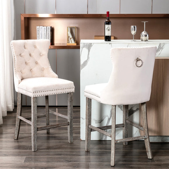 NNEDSZ 2X Velvet Bar Stools with Studs Trim Wooden Legs Tufted Dining Chairs Kitchen