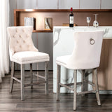 NNEDSZ 2X Velvet Bar Stools with Studs Trim Wooden Legs Tufted Dining Chairs Kitchen