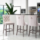 NNEDSZ 2X Velvet Bar Stools with Studs Trim Wooden Legs Tufted Dining Chairs Kitchen