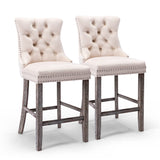 NNEDSZ 2X Velvet Bar Stools with Studs Trim Wooden Legs Tufted Dining Chairs Kitchen
