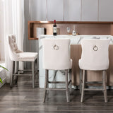 NNEDSZ 2X Velvet Bar Stools with Studs Trim Wooden Legs Tufted Dining Chairs Kitchen