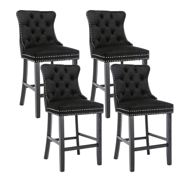 NNEDSZ 4X Velvet Bar Stools with Studs Trim Wooden Legs Tufted Dining Chairs Kitchen