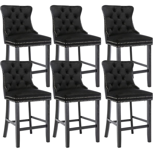 NNEDSZ 6X Velvet Bar Stools with Studs Trim Wooden Legs Tufted Dining Chairs Kitchen